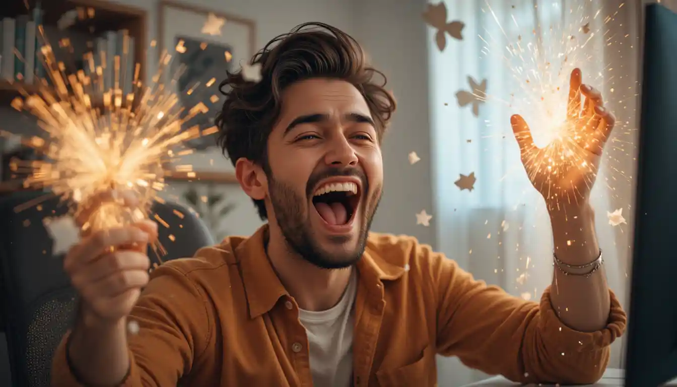 Criador de conteúdo vibrando de alegria por ver os seus Web stories e Google Discover, sabendo que vai ganhar muito dinheiro